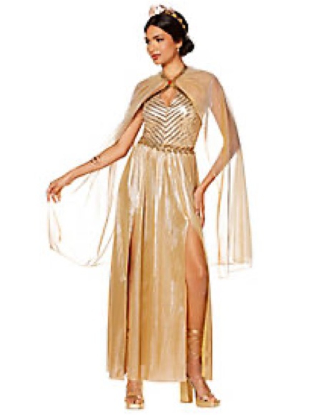 Shimmery Gold Goddess Maxi Dress with Sheer Cape
